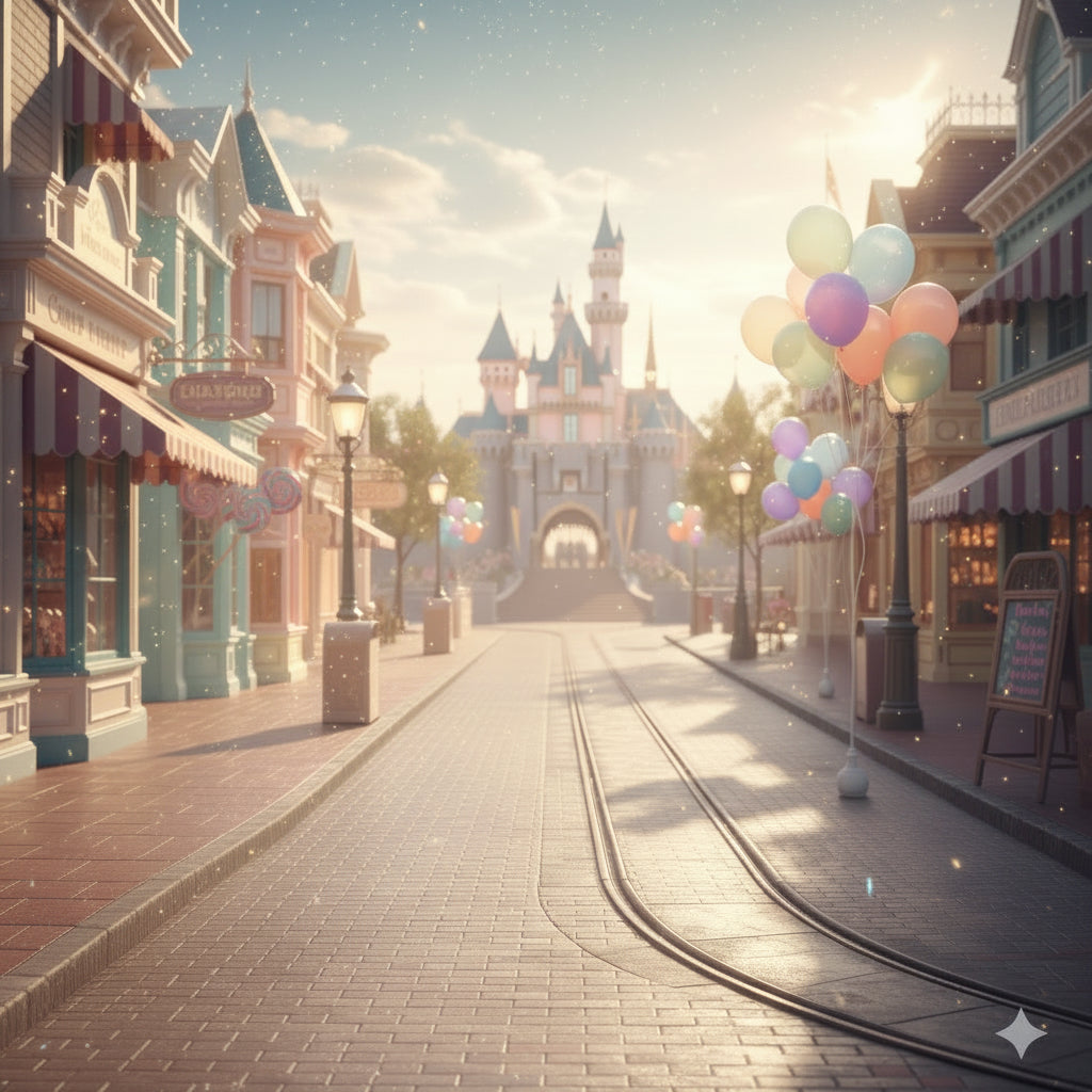 Fantasy street scene with colorful balloons and a castle in the background